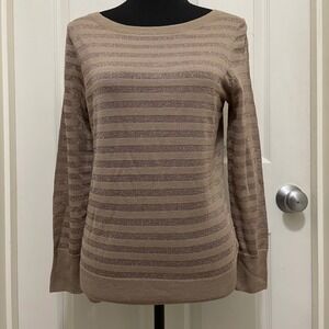 Talbots Petites Striped Knit Sweater Lightweight Merino Wool Blend Gold Medium